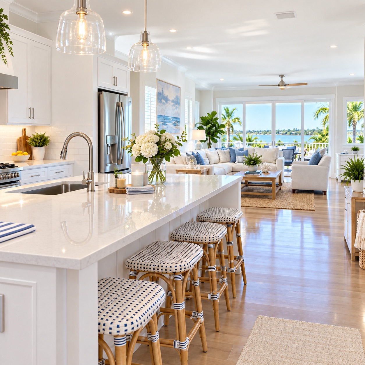 Bright, tidy coastal kitchen and living area