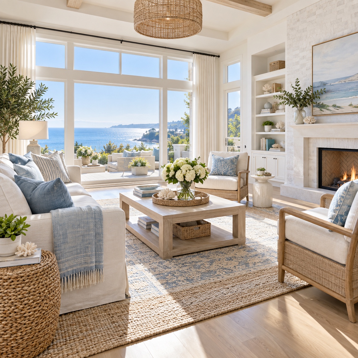 Bright, orderly coastal living room